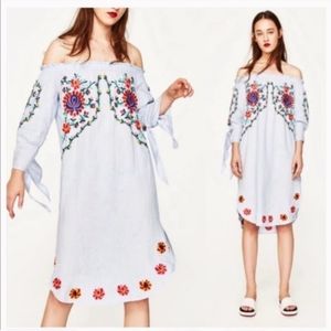 Zara Boho Chambray Embroidered Floral Off Shoulder Tunic Dress - Summer Festival